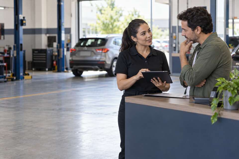 Asesora de un taller conversando con un cliente junto al mostrador.