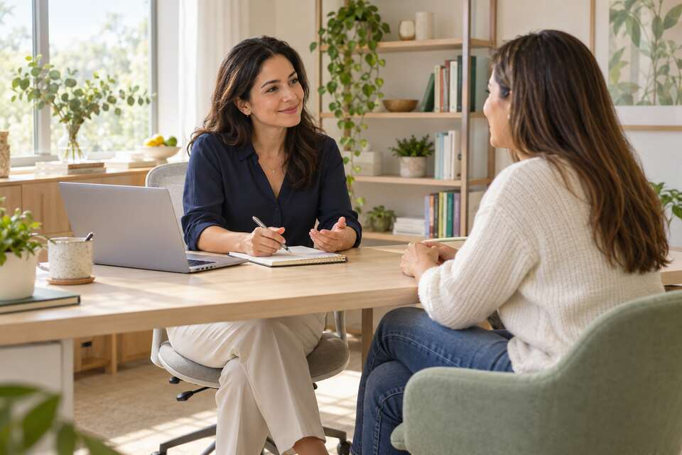 Nutricionista conversando con una paciente y tomando notas en su consulta.