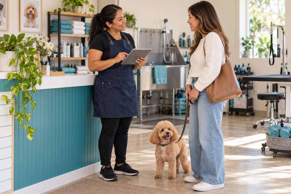 Peluquera canina conversando con una clienta acompañada de su perro.