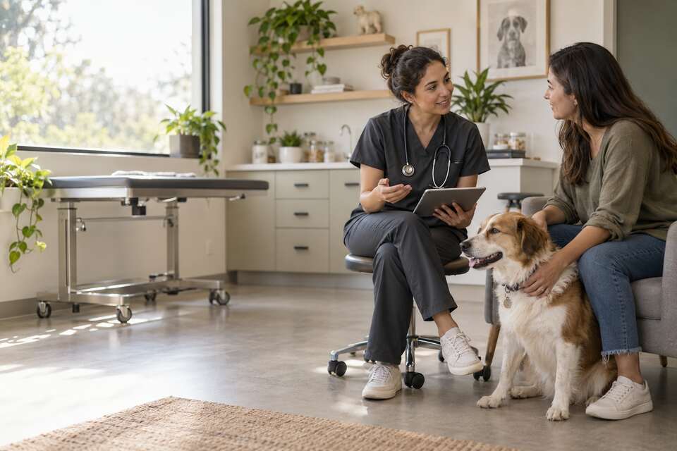 Veterinaria conversando con una mujer acompañada de su perro.